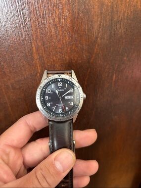 Casio solar watch, Black Dial Watch with Brown Leather Strap